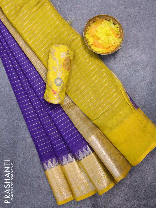 Semi dupion saree blue and yellow with allover zari stripes pattern and temple zari woven border & meenakari blouse