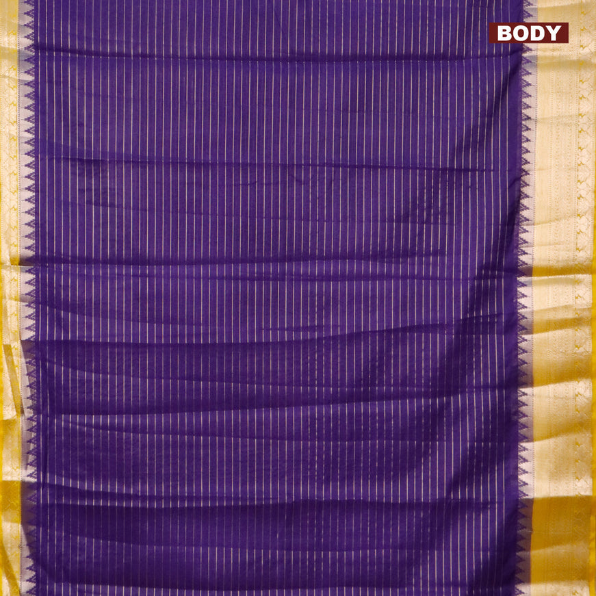 Semi dupion saree blue and yellow with allover zari stripes pattern and temple zari woven border & meenakari blouse