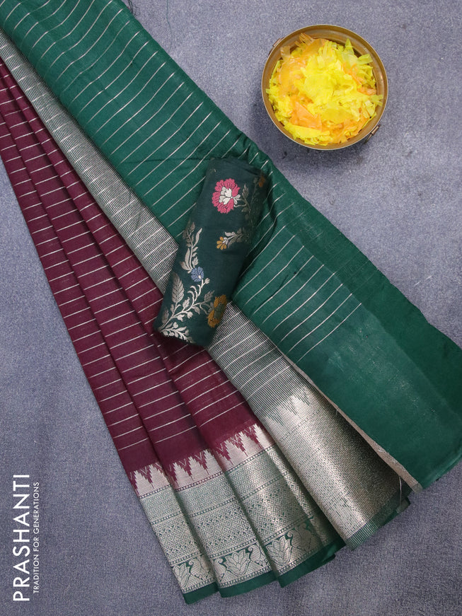 Semi dupion saree deep maroon and dark green with allover zari stripes pattern and temple zari woven border & meenakari blouse