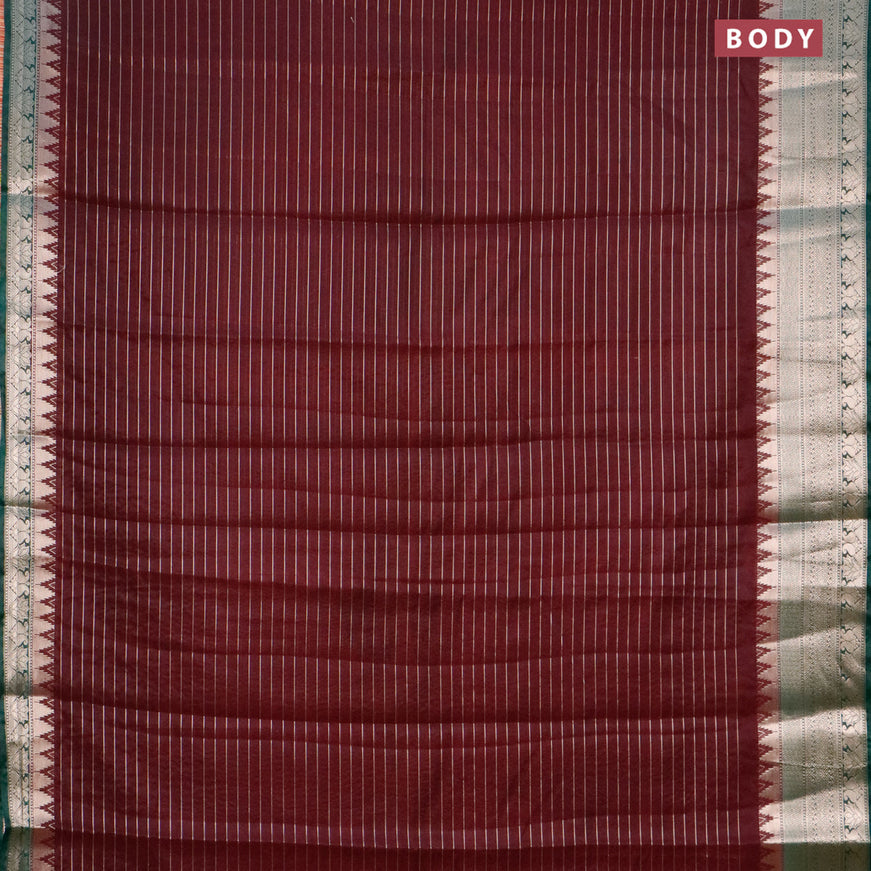 Semi dupion saree deep maroon and dark green with allover zari stripes pattern and temple zari woven border & meenakari blouse