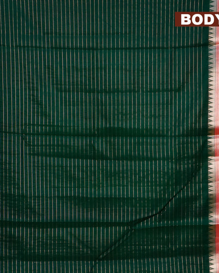 Semi dupion saree dark green and tomato red with allover zari stripes pattern and temple zari woven border & meenakari blouse
