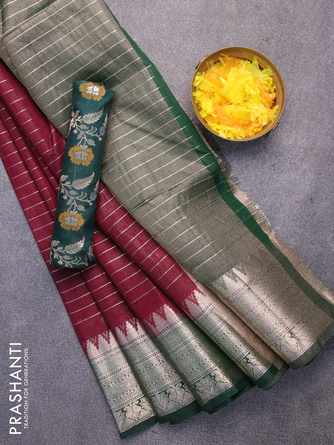 Semi dupion saree deep maroon and dark green with allover zari stripes pattern and zari woven border & meenakari blouse