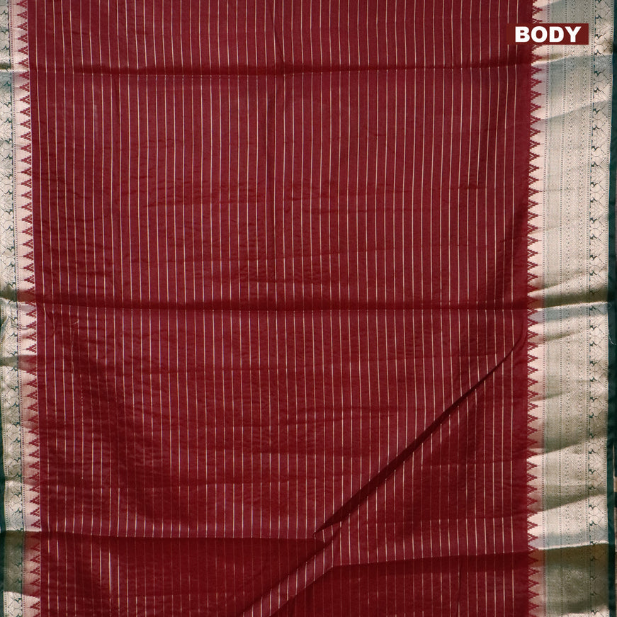 Semi dupion saree deep maroon and dark green with allover zari stripes pattern and zari woven border & meenakari blouse