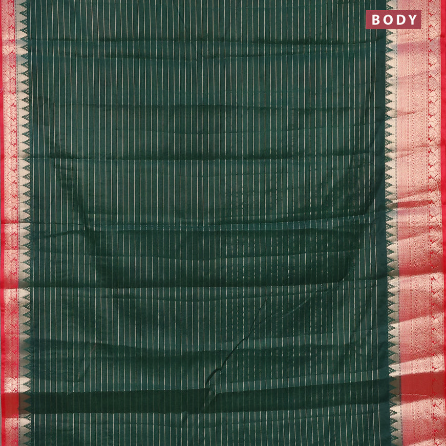 Semi dupion saree dark green and tomato red with allover zari stripes pattern and temple zari woven border & meenakari blouse