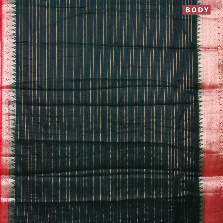 Semi dupion saree bottle green and pink with allover zari stripes pattern and temple zari woven border & meenakari blouse