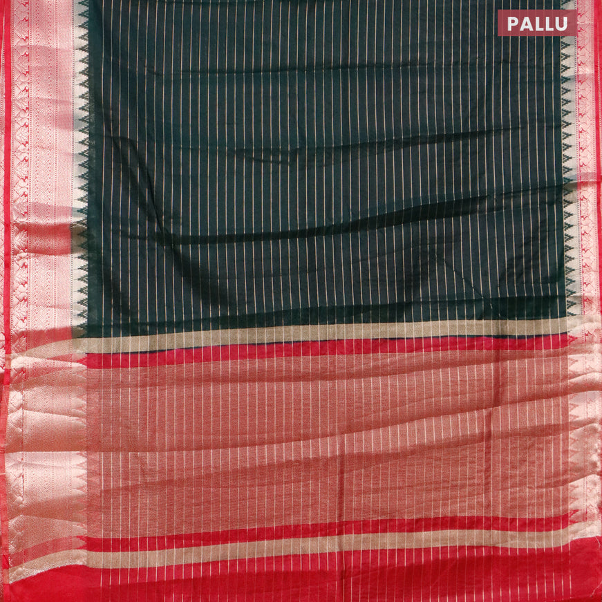 Semi dupion saree bottle green and pink with allover zari stripes pattern and temple zari woven border & meenakari blouse