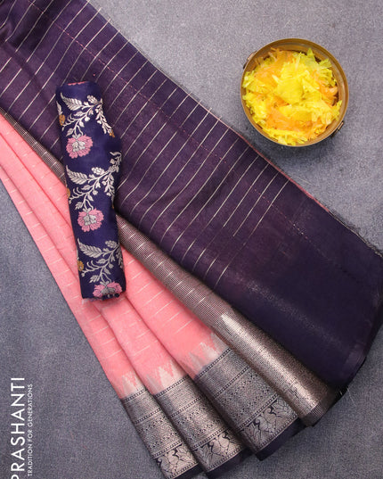 Semi dupion saree peach shade and navy blue with allover zari stripes pattern and temple zari woven border & meenakari blouse