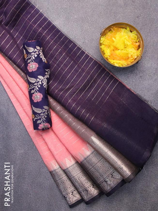 Semi dupion saree peach shade and navy blue with allover zari stripes pattern and temple zari woven border & meenakari blouse