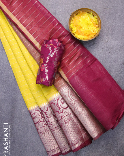 Semi dupion saree lime yellow and wine shade with allover zari stripes pattern and long zari woven border & meenakari blouse