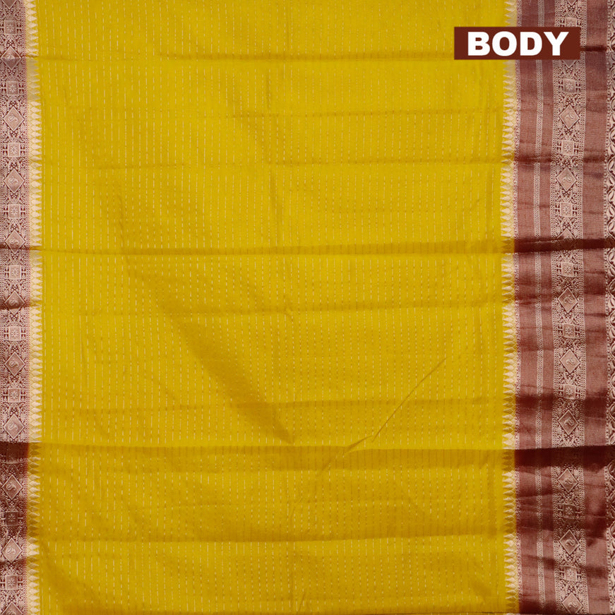 Semi dupion saree mustard yellow and maroon with allover zari stripes pattern and long zari woven border & meenakari blouse
