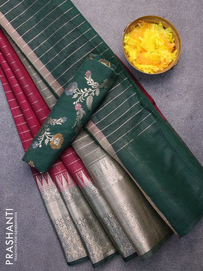 Semi dupion saree wine shade and dark green with allover zari stripes pattern and long temple zari woven border & meenakari blouse