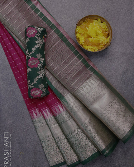 Semi dupion saree pink and dark green with allover zari stripes pattern and long temple zari woven border & meenakari blouse