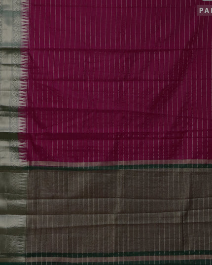 Semi dupion saree pink and dark green with allover zari stripes pattern and long temple zari woven border & meenakari blouse