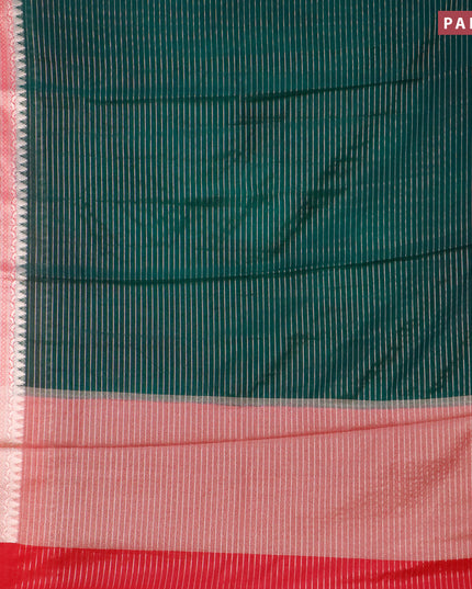 Semi dupion saree dark green and reddish pink with allover zari stripes pattern and long temple zari woven border & meenakari blouse