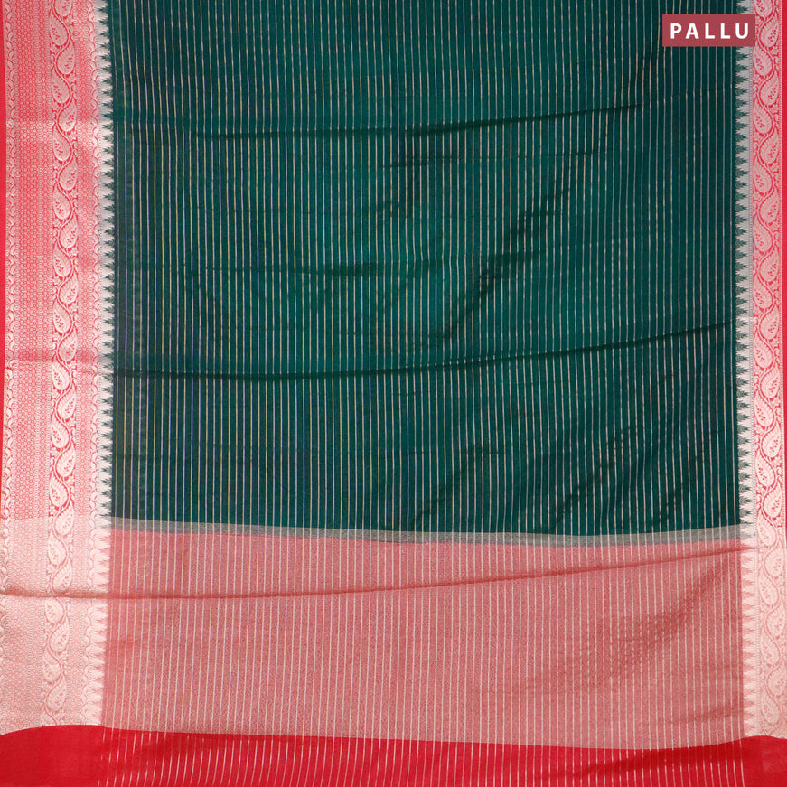 Semi dupion saree dark green and reddish pink with allover zari stripes pattern and long temple zari woven border & meenakari blouse
