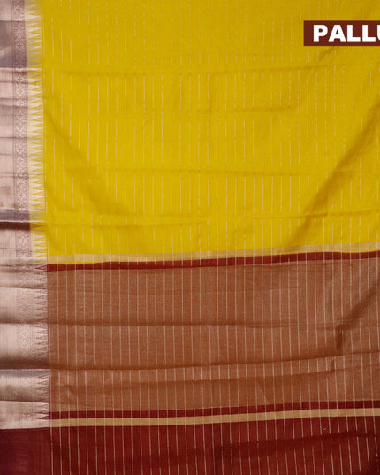 Semi dupion saree yellow and wine shade with allover zari stripes pattern and long temple zari woven border & meenakari blouse