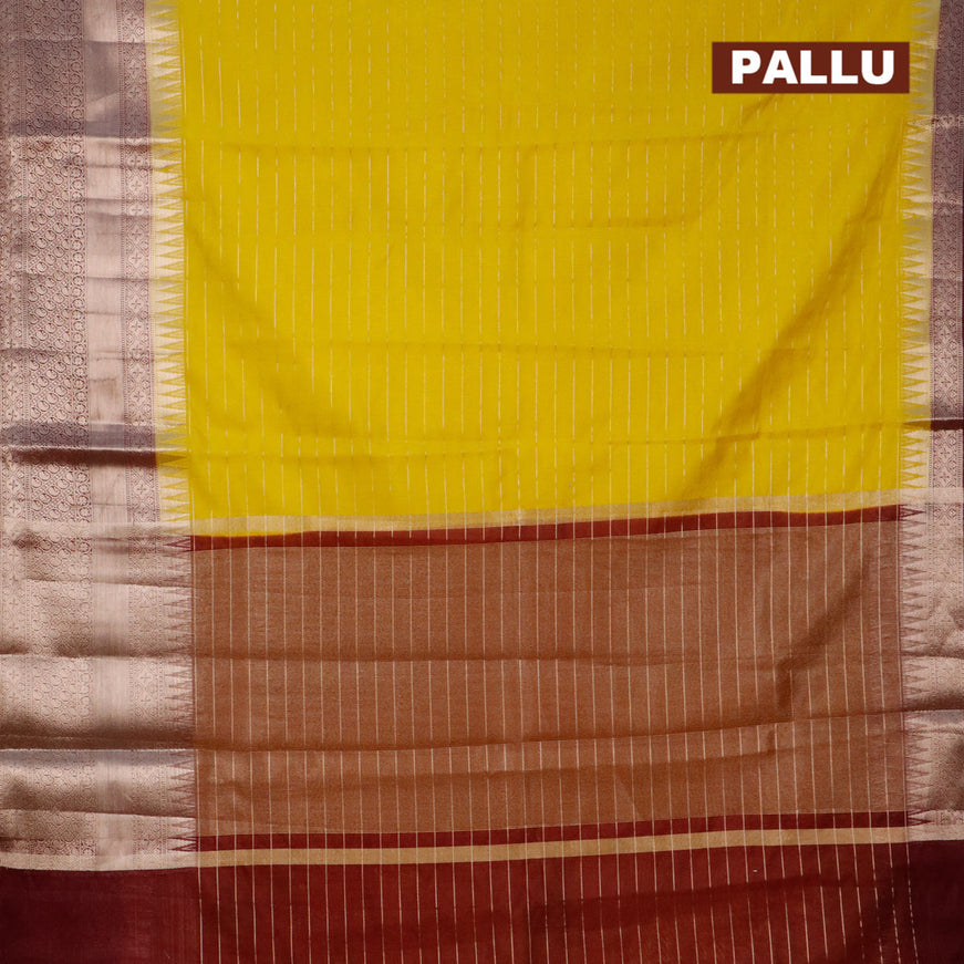 Semi dupion saree yellow and wine shade with allover zari stripes pattern and long temple zari woven border & meenakari blouse