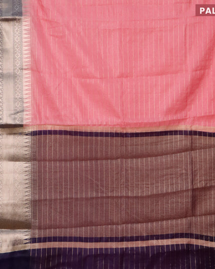 Semi dupion saree light pink and navy blue with allover zari stripes pattern and long zari woven border & meenakari blouse
