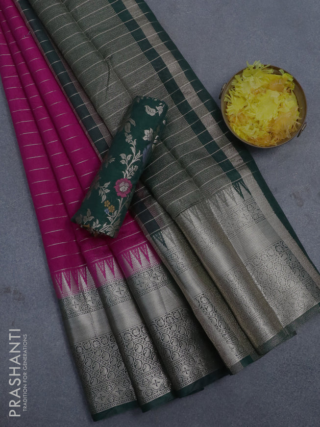 Semi dupion saree pink and dark green with allover zari stripes pattern and long zari woven border & meenakari blouse
