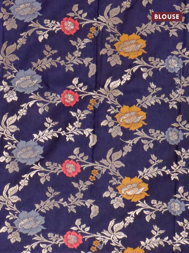 Semi dupion saree light pink and navy blue with allover zari stripes pattern and long zari woven border & meenakari blouse
