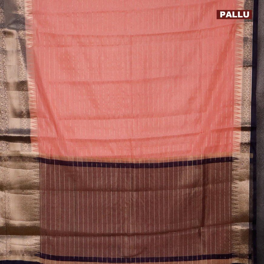 Semi dupion saree peach pink and navy blue with allover zari stripes pattern and long zari woven border & meenakari blouse