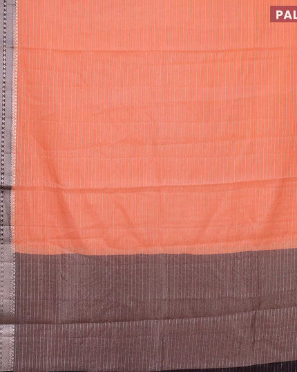 Semi dupion saree peach orange and dark navy blue with allover zari stripes pattern and long zari woven border & meenakari blouse