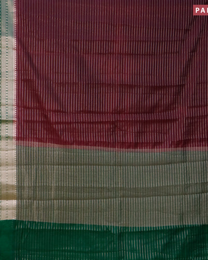 Semi dupion saree wine shade and dark green with allover zari stripes pattern and long zari woven border & meenakari blouse