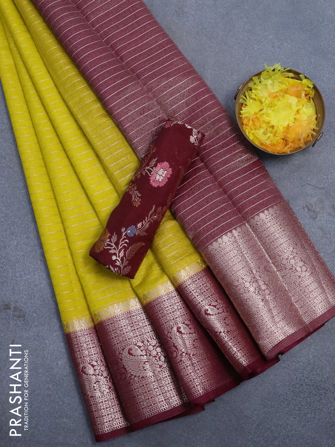 Semi dupion saree lime yellow and maroon with allover zari stripes pattern and zari woven border & meenakari blouse