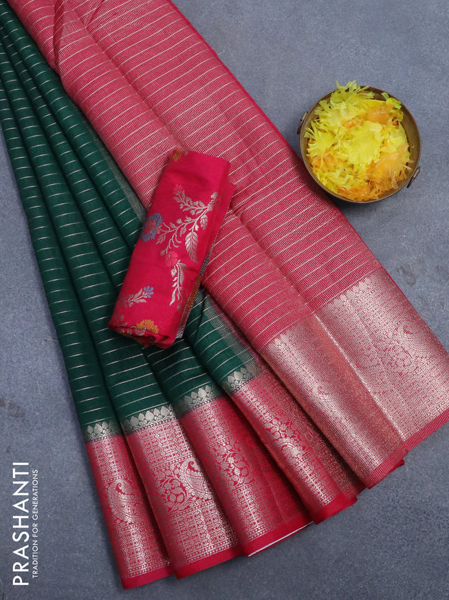 Semi dupion saree dark green and pink with allover zari stripes pattern and zari woven border & meenakari blouse