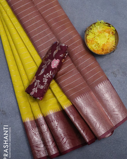 Semi dupion saree lime yellow and maroon with allover zari stripes pattern and zari woven border & meenakari blouse