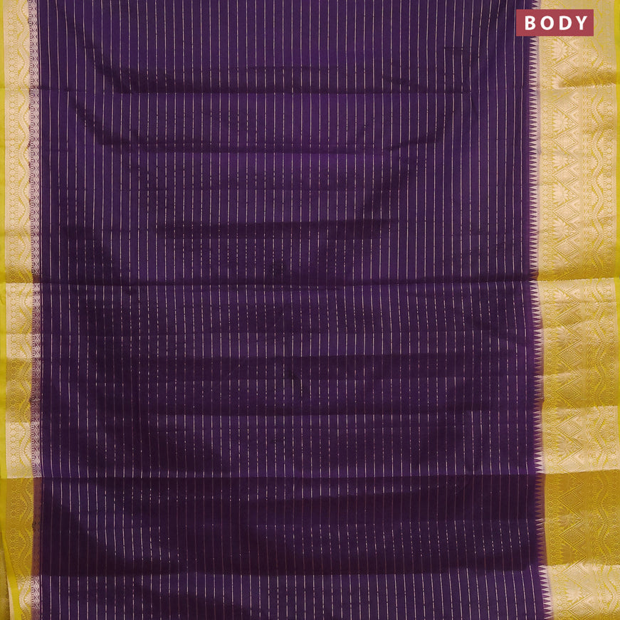 Semi dupion saree violet and lime yellow with allover zari stripes pattern and zari woven border & meenakari blouse