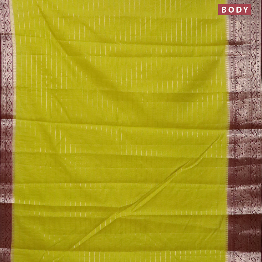 Semi dupion saree lime green and deep maroon with allover zari stripes pattern and zari woven border & meenakari blouse