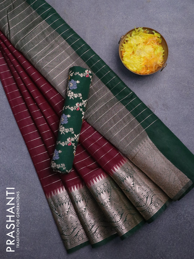 Semi dupion saree deep maroon and green with allover zari stripes pattern and zari woven border & meenakari blouse