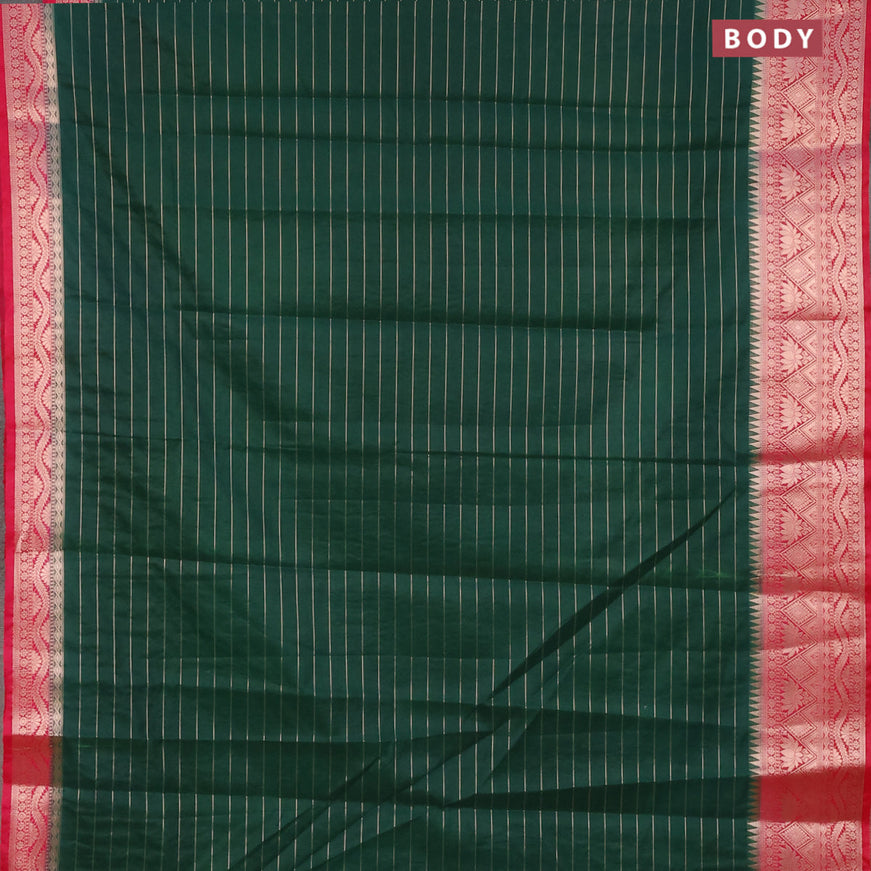 Semi dupion saree dark green and pink with allover zari stripes pattern and zari woven border & meenakari blouse