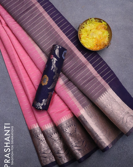 Semi dupion saree peach pink and navy blue with allover zari stripes pattern and zari woven border & meenakari blouse
