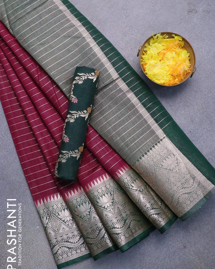 Semi dupion saree dark maroon and green with allover zari stripes pattern and zari woven border & meenakari blouse