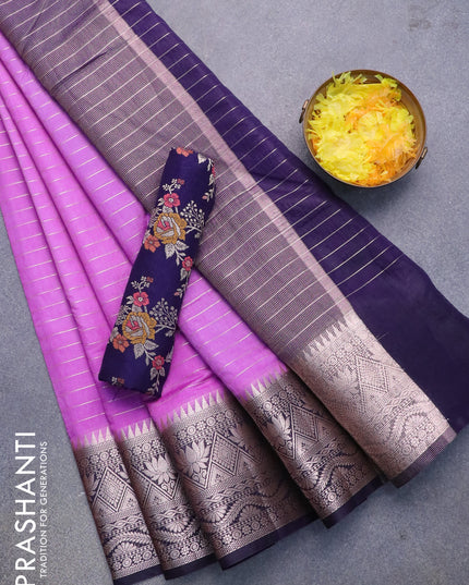 Semi dupion saree lavender shade and navy blue with allover zari stripes pattern and zari woven border & meenakari blouse