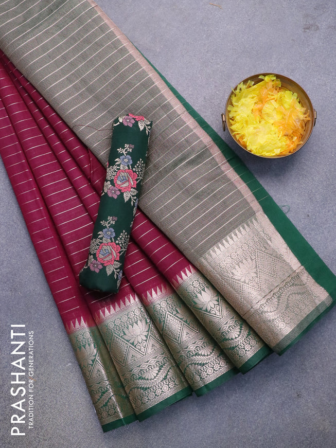 Semi dupion saree wine shade and dark green with allover zari stripes pattern and zari woven border & meenakari blouse