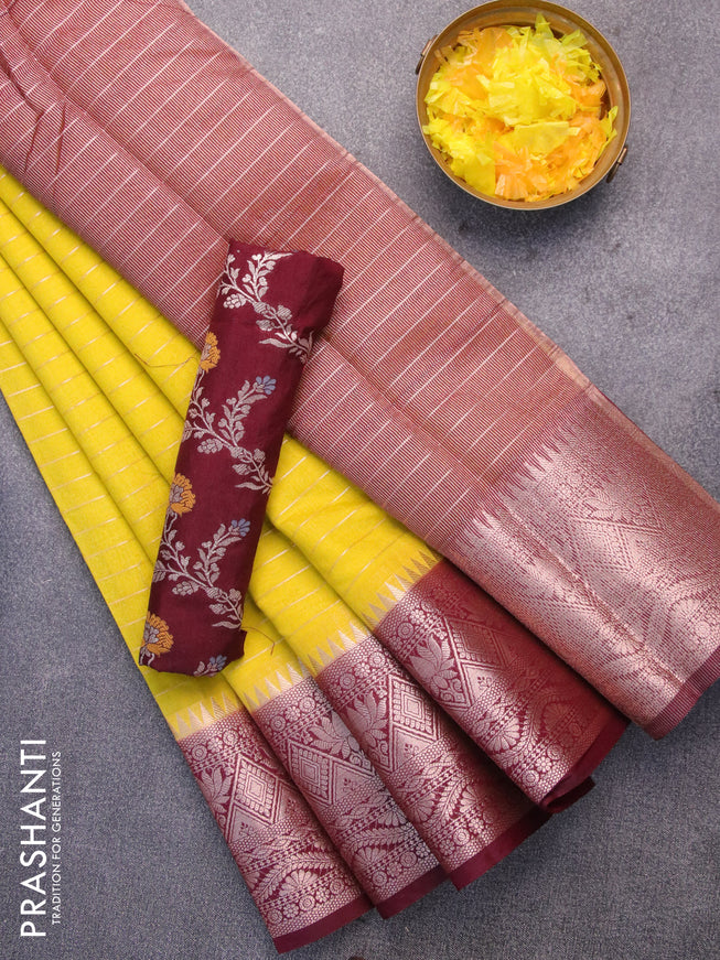 Semi dupion saree lime yellow and dark maroon with allover zari stripes pattern and zari woven border & meenakari blouse