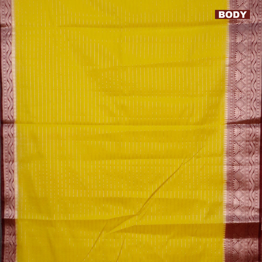 Semi dupion saree lime yellow and dark maroon with allover zari stripes pattern and zari woven border & meenakari blouse