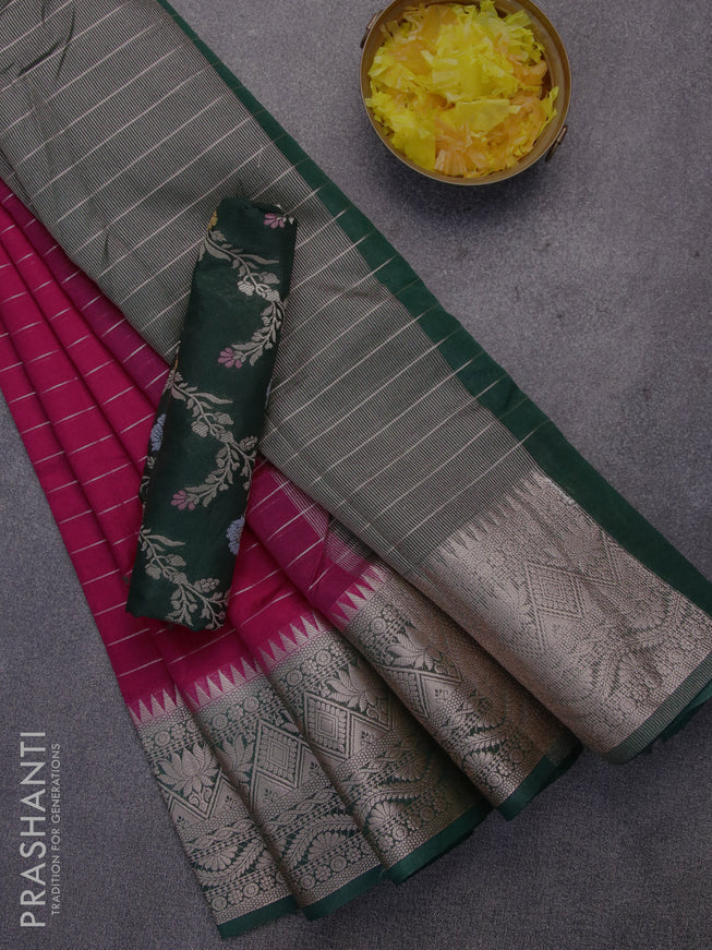 Semi dupion saree pink and dark green with allover zari stripes pattern and zari woven border & meenakari blouse