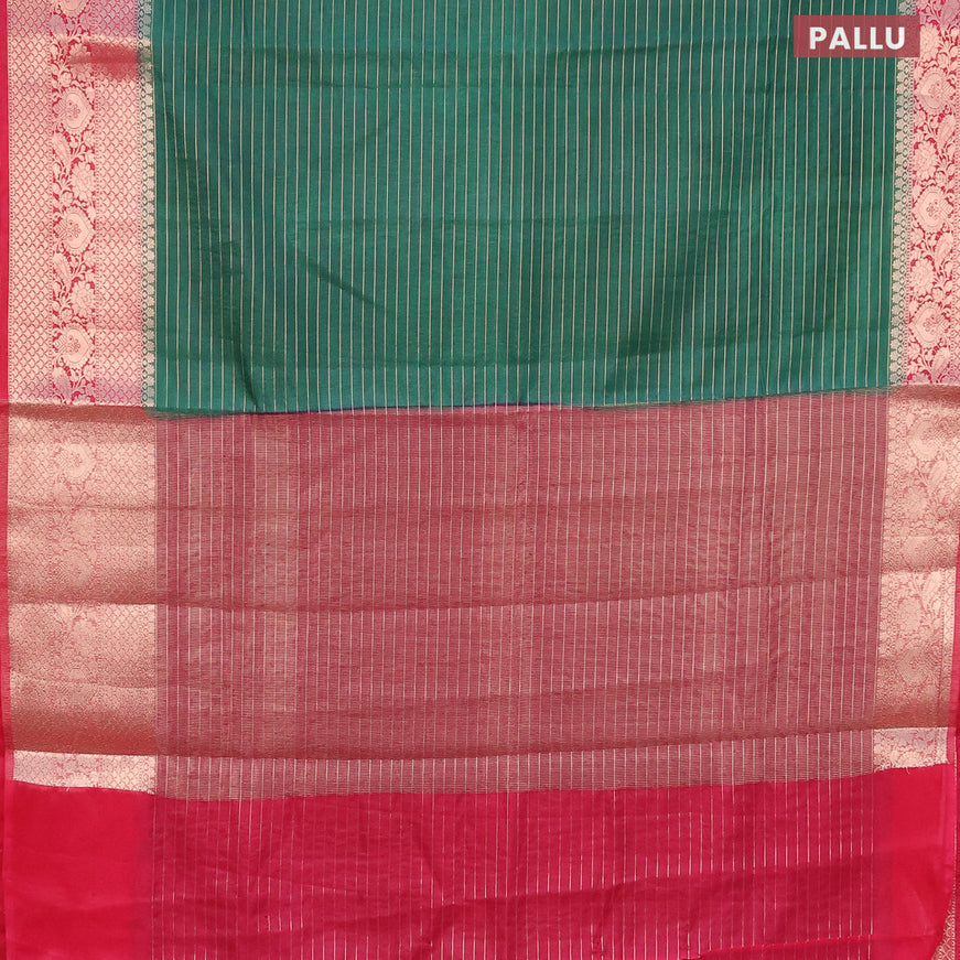 Semi dupion saree green and pink with allover zari stripes pattern and long zari woven border & meenakari blouse