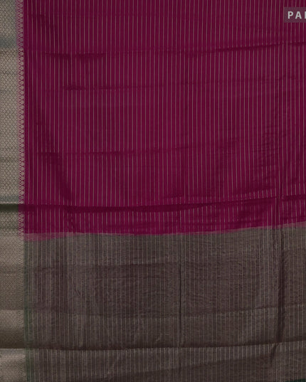 Semi dupion saree dark pink and green with allover zari stripes pattern and long zari woven border & meenakari blouse