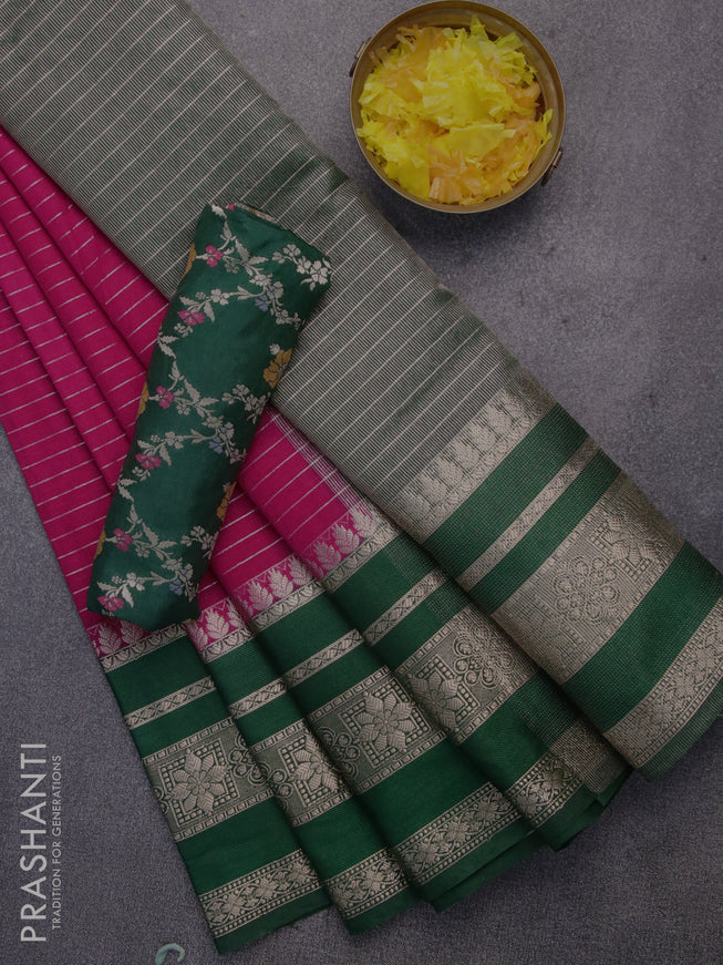Semi dupion saree pink and green with allover zari stripes pattern and long zari woven border & meenakari blouse