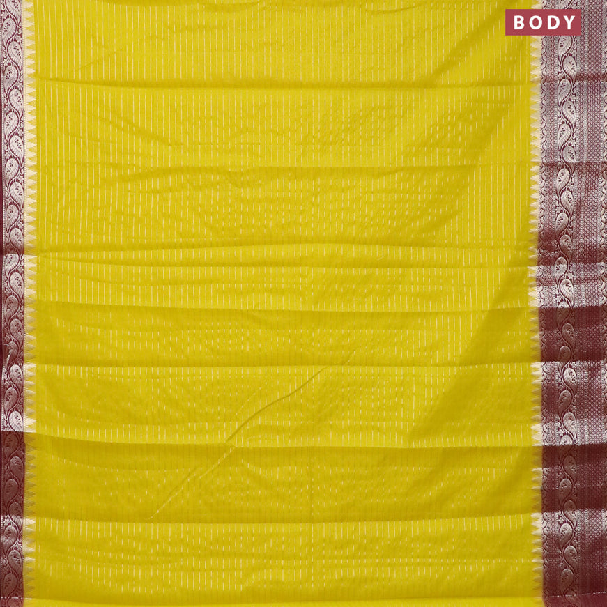 Semi dupion saree lime yellow and wine shade with allover zari stripes pattern and long zari woven border & meenakari blouse