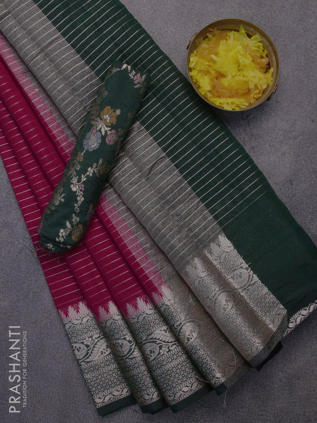 Semi dupion saree tomato red and dark green with allover zari stripes pattern and zari woven border & meenakari blouse