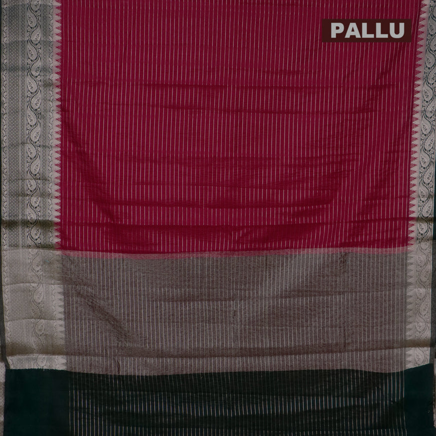 Semi dupion saree tomato red and dark green with allover zari stripes pattern and zari woven border & meenakari blouse
