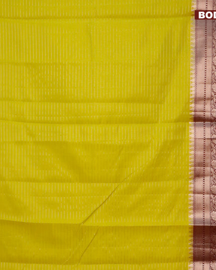 Semi dupion saree lime green and maroon with allover zari stripes pattern and long zari woven border & meenakari blouse
