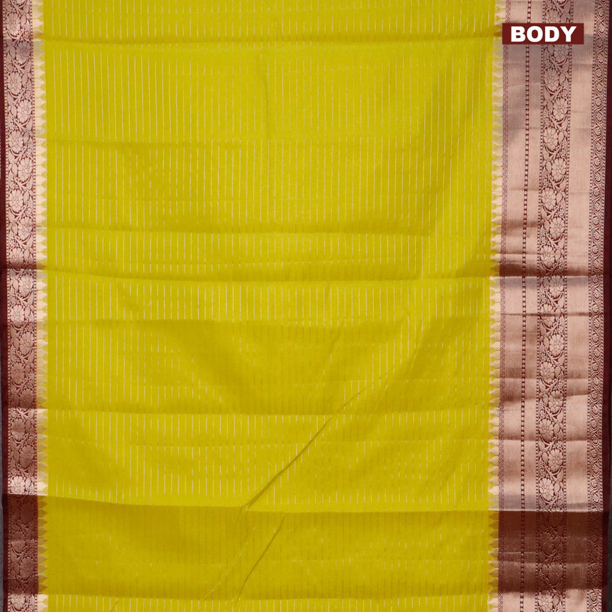 Semi dupion saree lime green and maroon with allover zari stripes pattern and long zari woven border & meenakari blouse