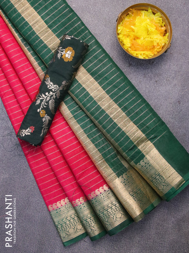 Semi dupion saree dark pink and green with allover zari stripes pattern and zari woven border & meenakari blouse